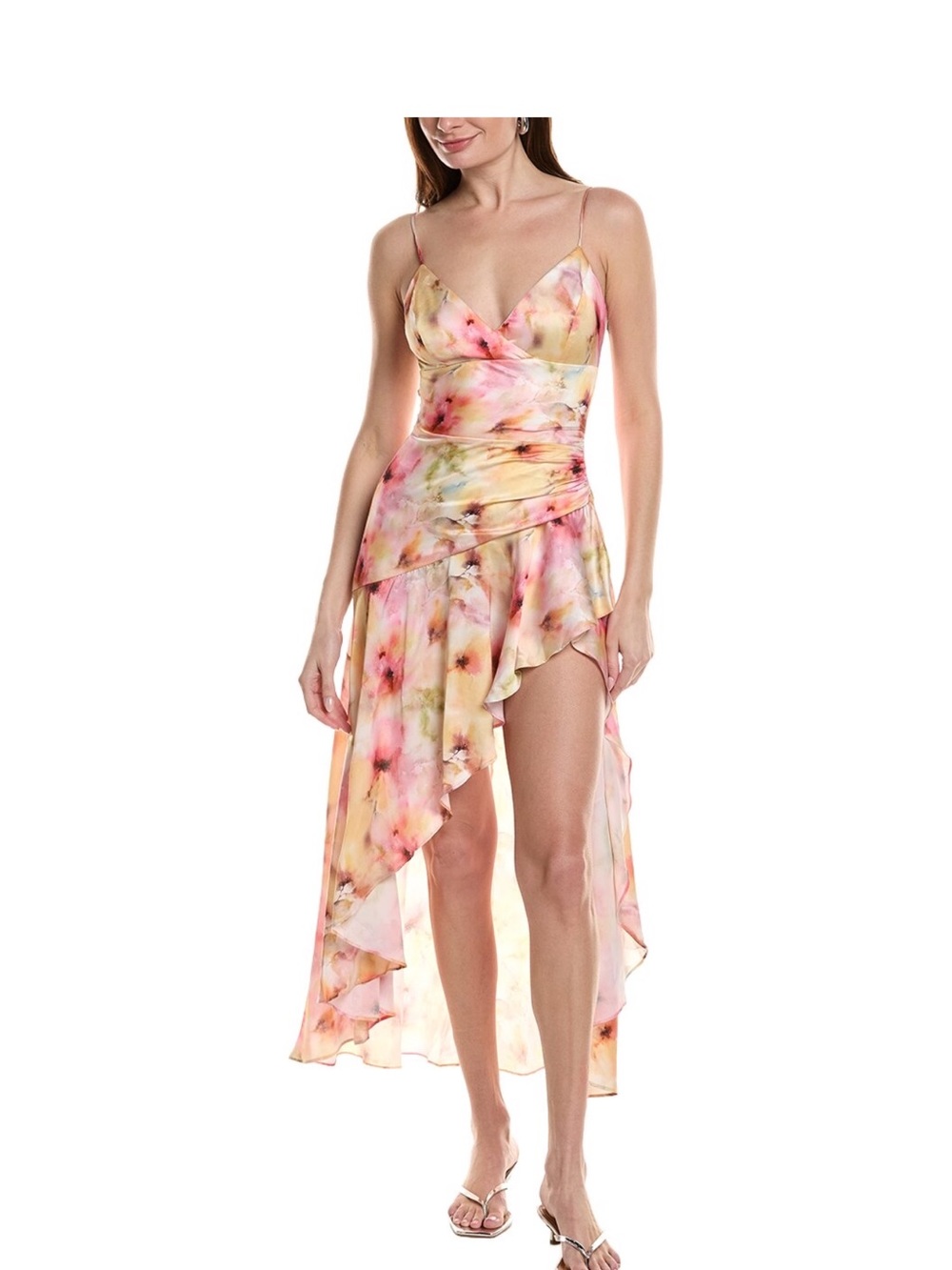 Bardot Watercolor Floral High-Low Slip Dress in Pink & Cream